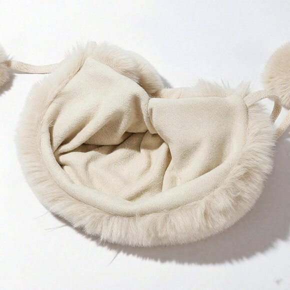 Women Beige Winter Sherpa Beanie Hats Knit Ear Flaps 